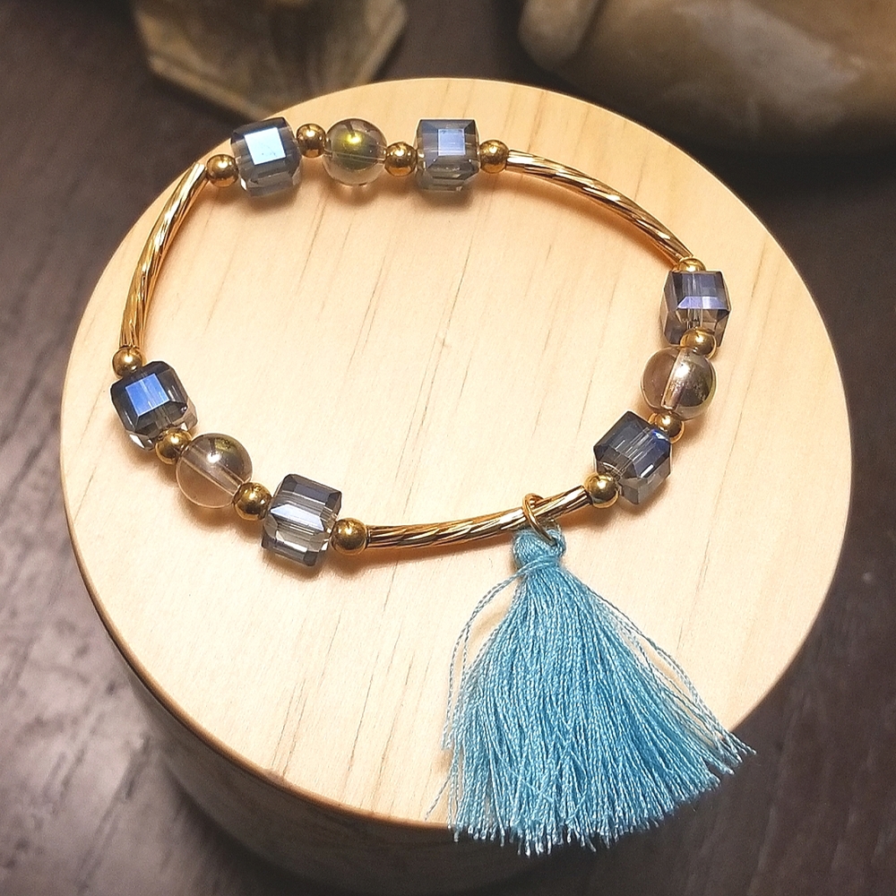 Blue Beaded Tassel Stretch Bracelet